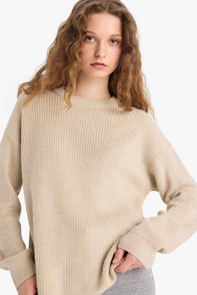 DeFacto Beige Woman Regular Fit Crew Neck Basic Knit Pullover Casual - Image 3